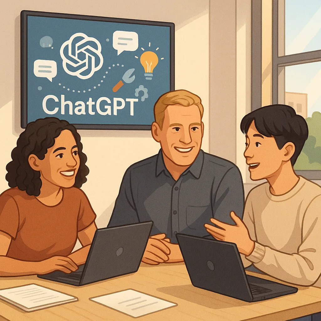 Draugiška darbo vietos scena, rodanti mažą komandą (trys žmonės: viena moteris, vienas vyras, nebinarinis asmuo; tautybės: ispanakalbė moteris garbanotais plaukais iki pečių, 30 m.; baltaodis vyras trumpais šviesiais plaukais, 40 m., kvadratiniu žandikauliu; rytų azijietis nebinarinis asmuo tamsiais plaukais, ovaliu veidu, 28 m.) susibūrusią prie bendro stalo su atidarytais nešiojamaisiais kompiuteriais. Ekrane matomas ChatGPT logotipas ir generatyviniai elementai (AI pokalbių burbulai, kūrybinės piktogramos: lemputė, teptukas, veržliaraktis), sūkuriuojantys į viršų. Nuotaika lengva ir produktyvi, languose matoma dienos šviesa. Jokių tekstų ar popierių.