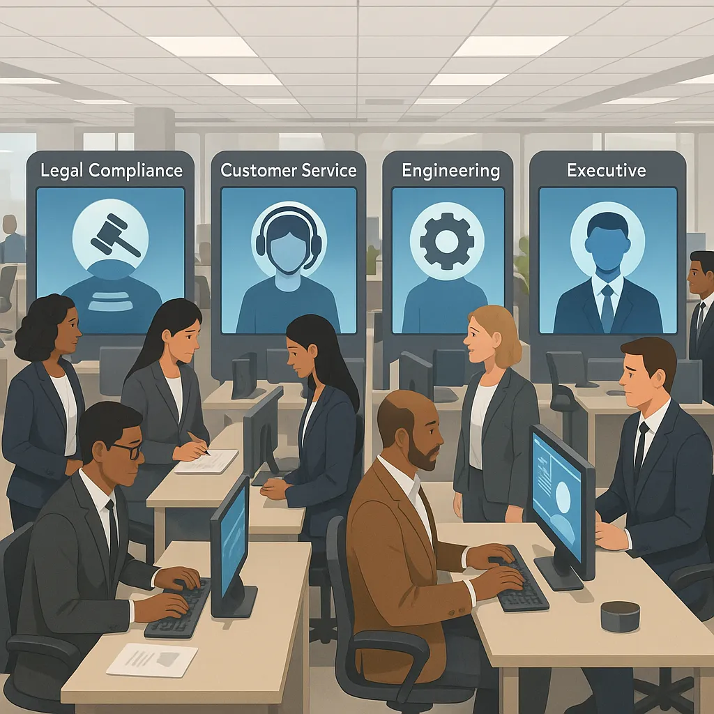 Skaitmeninio meno scena, vaizduojanti didelę, atvirą biuro aplinką, padalytą į keturias zonas: teisinės atitikties, klientų aptarnavimo, inžinerijos ir vadovų sprendimų priėmimo. Kiekvienoje zonoje ekranas rodo AI asmenybę, vaizduojamą unikalia avataro piktograma (pvz., plaktukas teisei, ausinės klientų aptarnavimui, krumpliaratis inžinerijai, kaklaraištis vadovams). Scena pabrėžia bendradarbiavimą, specializaciją ir technologijas, komandos nariams dirbant savo darbo vietose. Žmonės yra įvairi grupė verslo apranga: moterys ir vyrai, įvairių tautybių (juodaodžiai, rytų azijiečiai, pietų azijiečiai, baltaodžiai), visi suaugusieji nuo 25 iki 55 metų, šukuosenos nuo trumpų iki ilgų, veido bruožai įskaitant ovalius ir kvadratinius veidus, kai kurie su akiniais. Jokiame ekrane ar dokumente nesimato teksto.